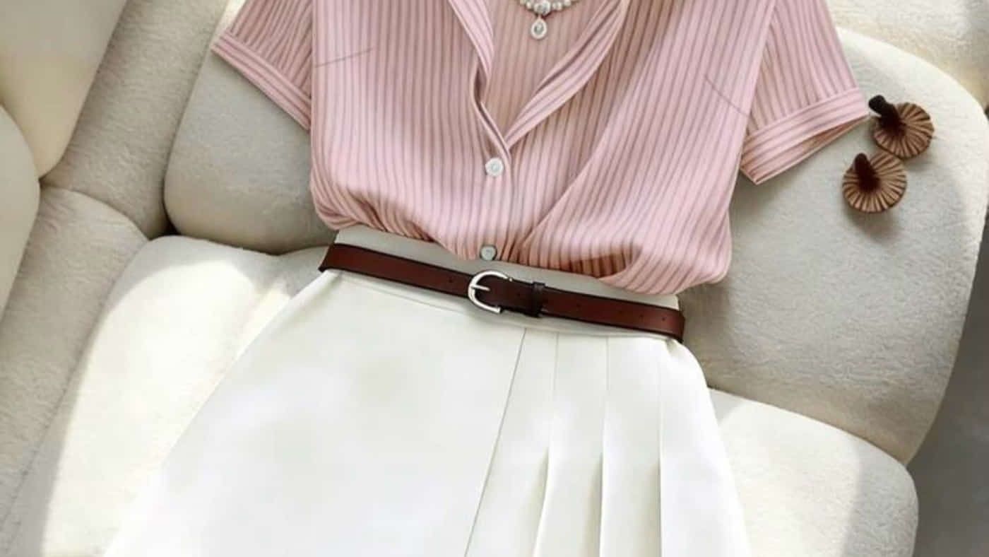 Camisa rosa de canalé junto a una falda blanca de tablones, fotografiadas por la boutique