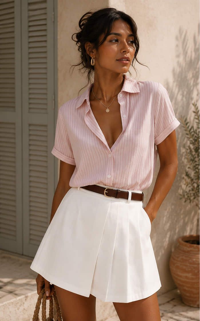 Modelo con la camisa rosa de canalé abotonada y la falda blanca de tablones, ceñida con un cinturón café