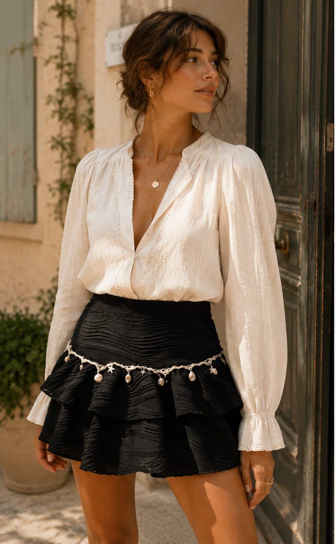 Modelo con la falda-short negra de dos vuelos plisados y su cadena de conchas y estrellitas en la cintura, con una blusa crema