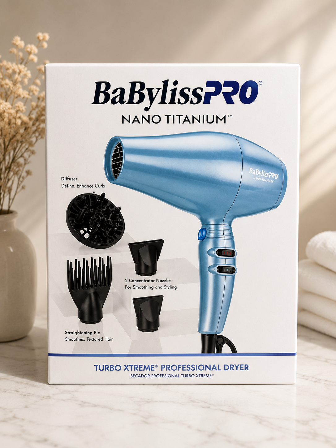 Caja de la secadora BabylissPRO Nano Titanium Turbo Xtreme, de color celeste
